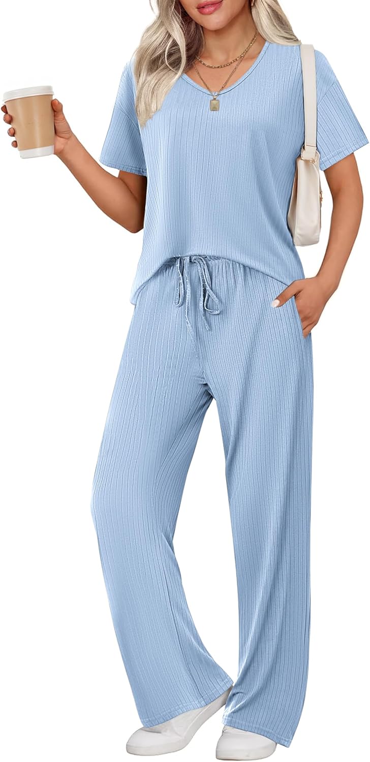 Ekouaer Womens Ribbed Knit Lounge Set Short Sleeve Top and Long Pants Sleepwear Pajama Set Two Piece Matching Outfits Set