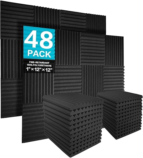 JBER 12 Pack Acoustic Foam Panels, 1" X 12" X 12" Studio Soundproofing Wedges Fire Resistant Sound Proof Padding Acoustic Treatment Foam (Black)