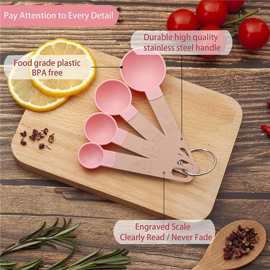 8 Pcs Measuring Cups and Spoons Set, 4 Measuring Cups / 4 Measuring Spoons, Measuring Spoons Set with Engraved Scale for Liquid & Dry Ingredients (Pink)