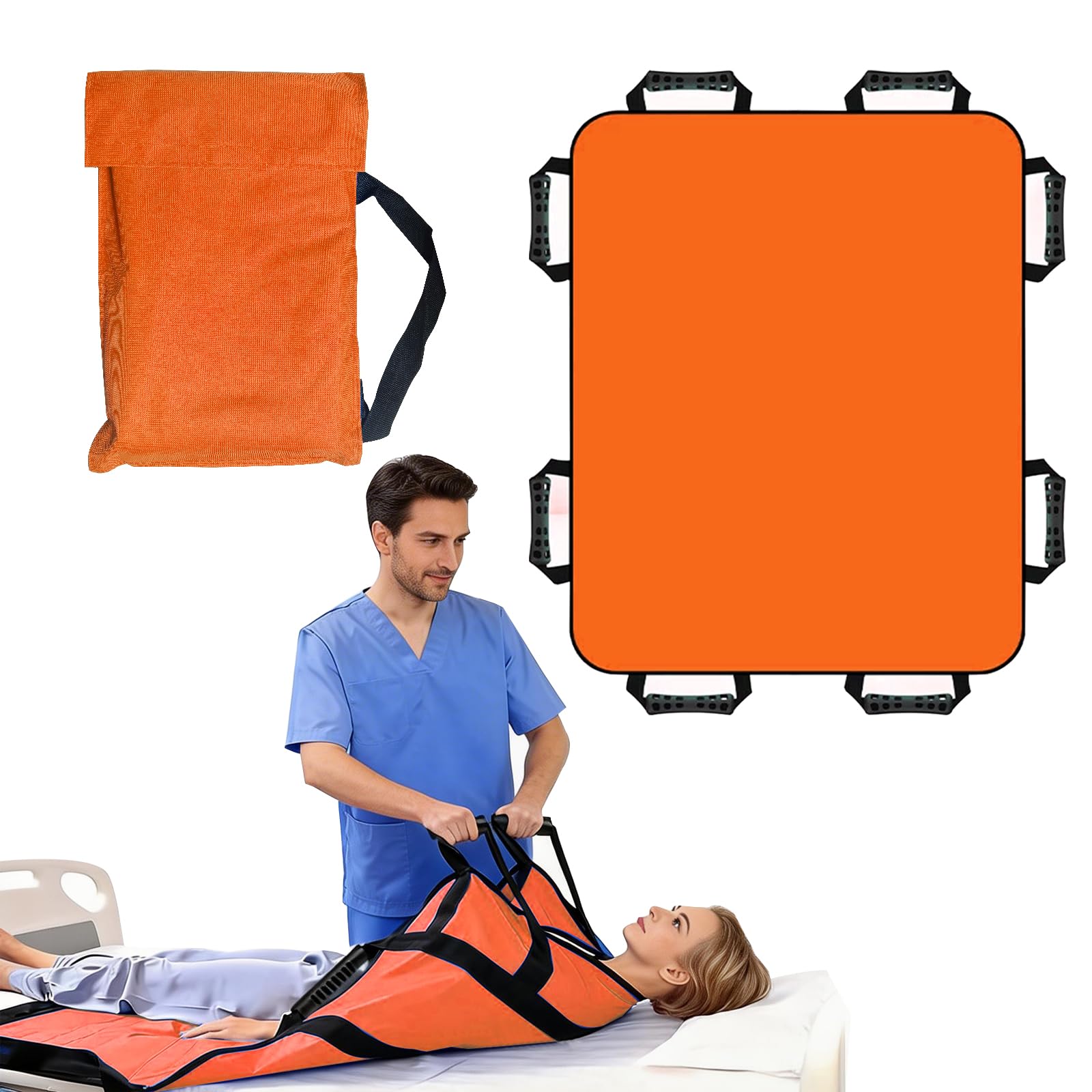 Tavola di trasferimento per pazienti, 120 x 100 cm, con 8 manici, panno per la cura del letto, tappetino scorrevole, per pazienti anziani (arancione)