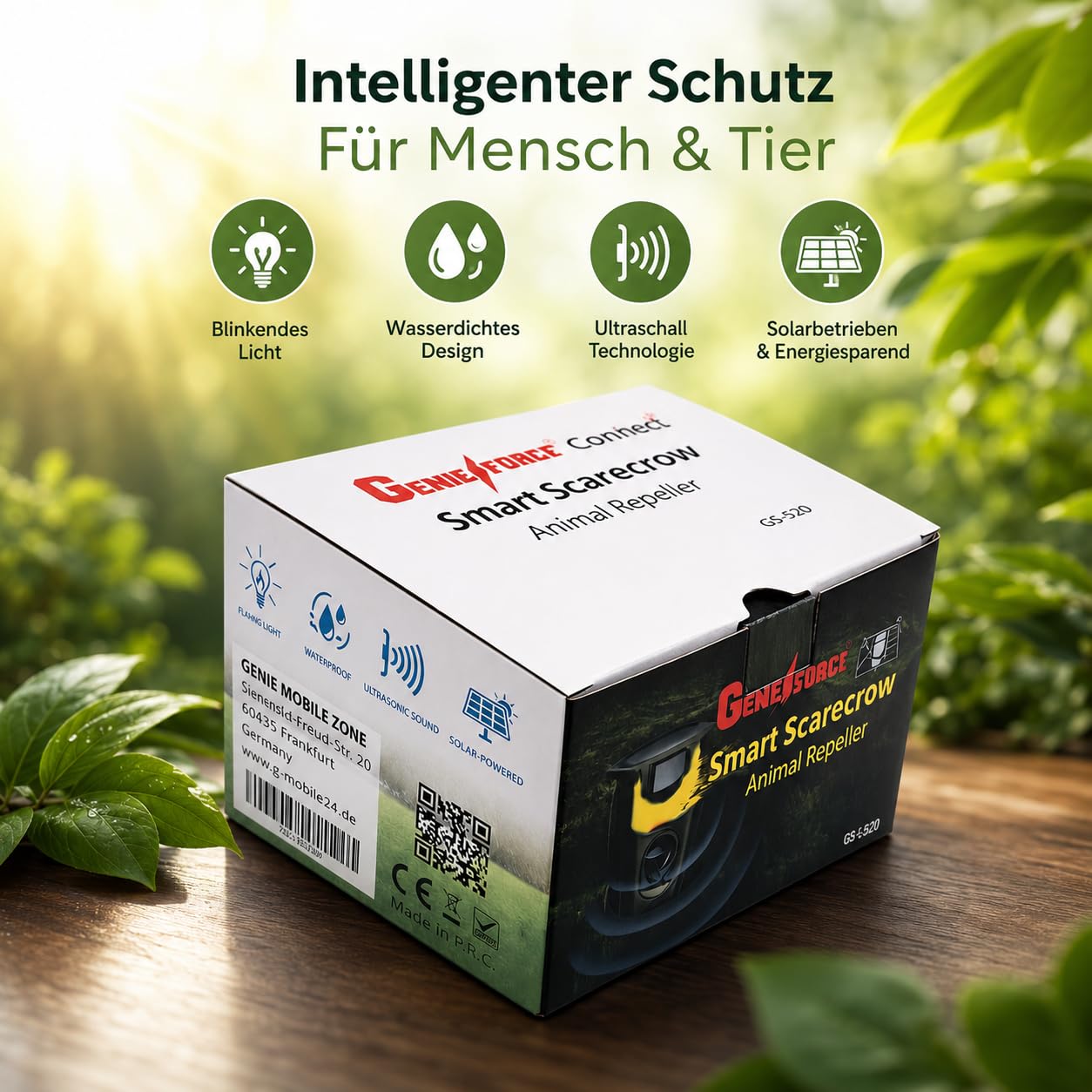 Genieforce Combat+ inteligentne światło płomieniowe, ultradźwiękowy odstraszacz zwierząt, odstraszacz zwierząt, koty, psy, kuny, lisy, ptaki, gryzonie, wodoszczelny, solarny, inteligentne czujniki PIR