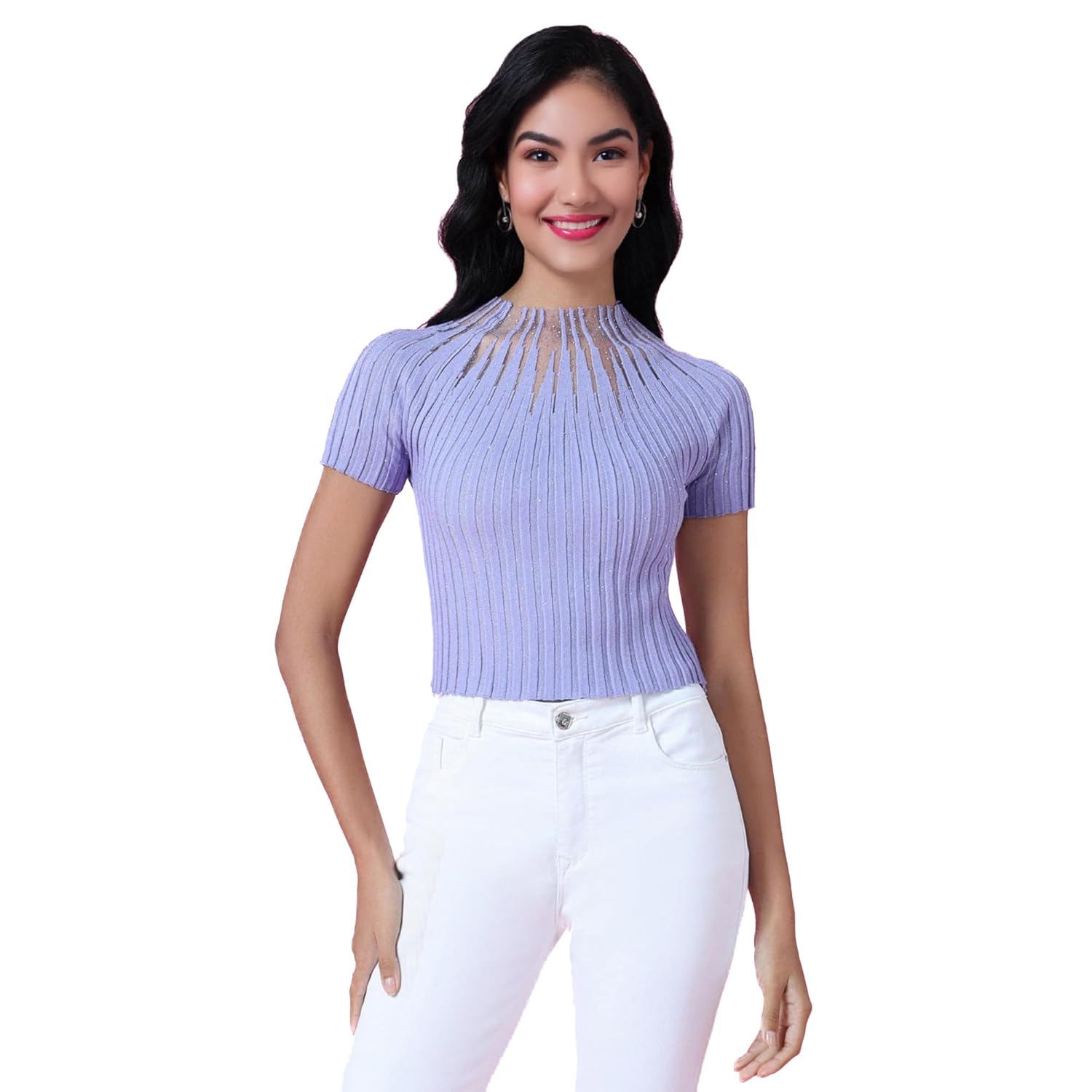 ICW Women Knit Rhinestone Embellised Mesh Crop Top T-Shirt (One Size Bust 28-34 Inch XS-S) 107 ICW Women Knit Rhinestone Embellised Mesh Crop Top T-Shirt (One Size Bust 28-34 Inch XS-S) 107