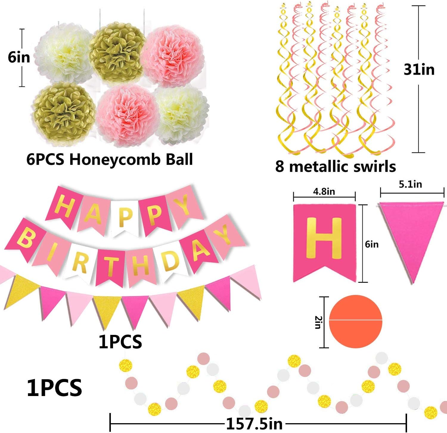 Rose Pink Happy Birthday Banner Paper Triangle Flag Bunting Circle Confetti Dots Hanging Garland and Pom poms Swirl Streamers for Birthday Kids Baby Shower Party Decorations