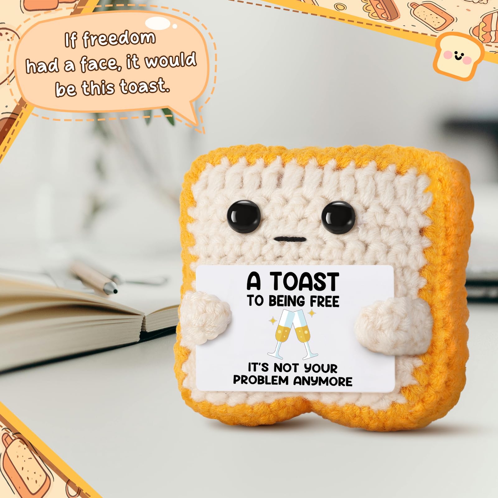 Crochet Toast “A Toast to Being Free” Plush – Funny Celebration Gifts for Woman Men Best friend Coworker “It’s Not Your Problem Anymore” Card for Leaving Workor, Retirement, Divorce, Graduation Gift