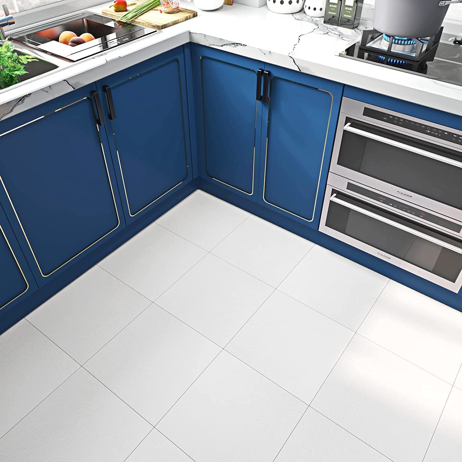 FunStick White Floor Tiles Peel and Stick Waterproof 12x12 In 15 Pcs White Vinyl Flooring Peel and Stick Bathroom Floor Tile Stickers Removable Stick on Laminate Linoleum Flooring for Kitchen Basement