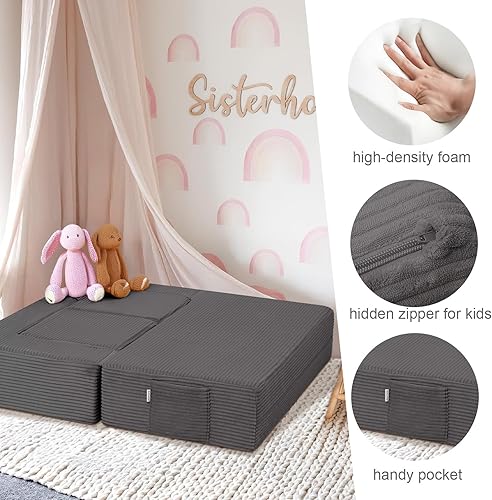 Miniatura 96 de MeMoreCool Sofá modular para niños, sofá convertible suave para niños, silla de espuma de felpa plegable gris para diversión en la sala de juegos de