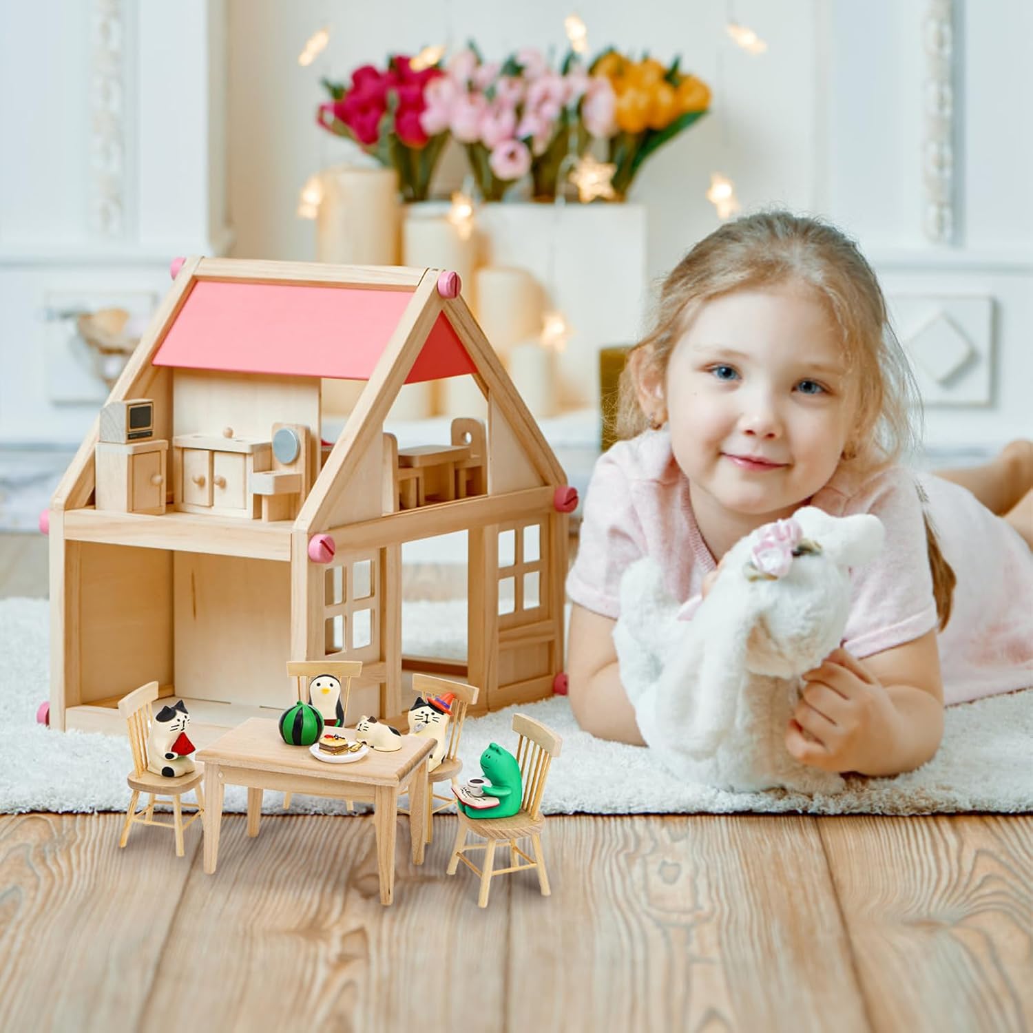 Nicunom Dollhouse Dining Room Furniture Set, 1/12 Scale Miniature Table and 4 Chairs, Wooden Doll House Accessories image 7 of 7 B0F1TSMYMW