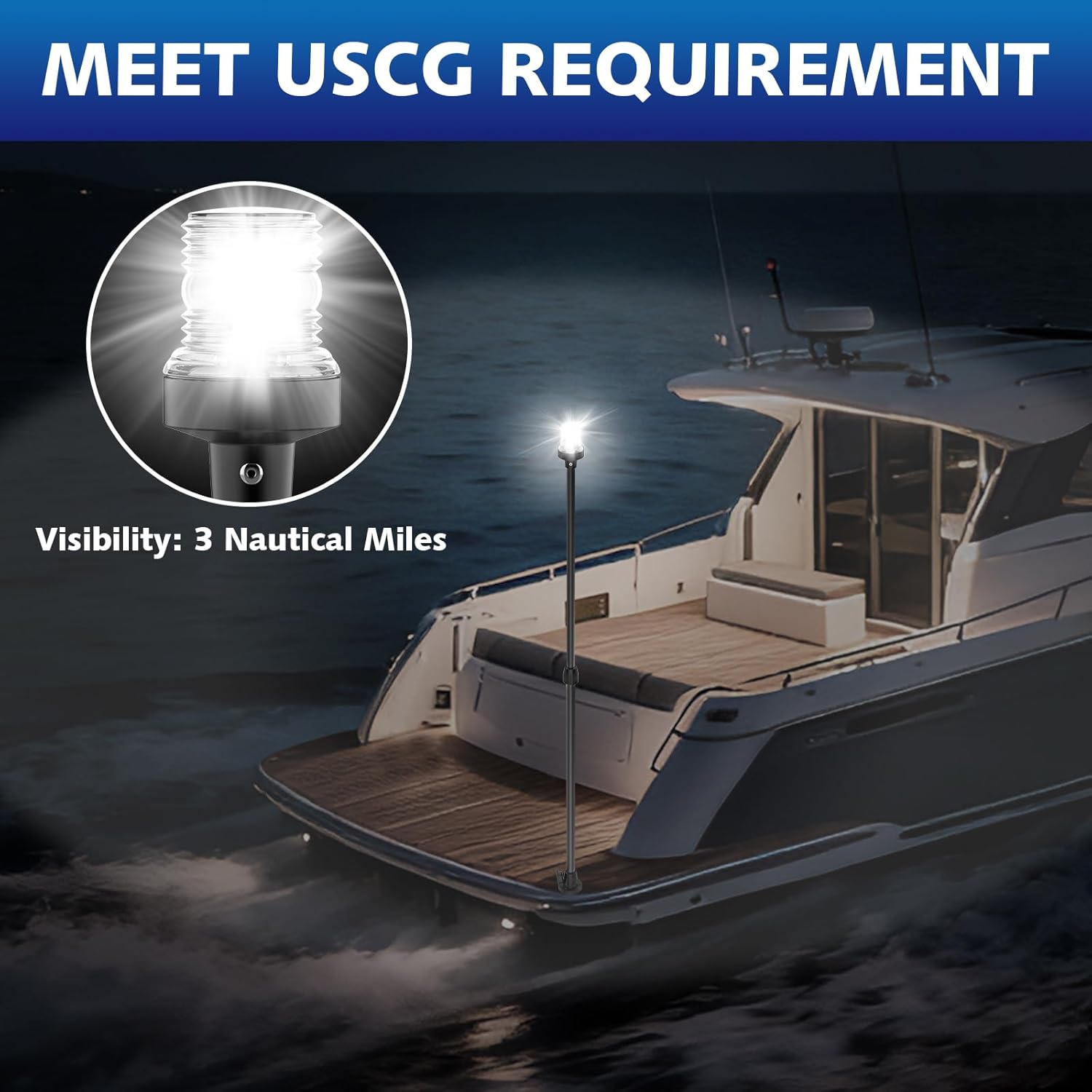 Boat Stern Light Anchor Light, 28"-48" Telescoping Pole Boat Lights LED with Base & Extra Bulb, Waterproof 3NM 360° All Round Marine Navigation Lights for Boats LED for Pontoon, Fishing, Bass Boats