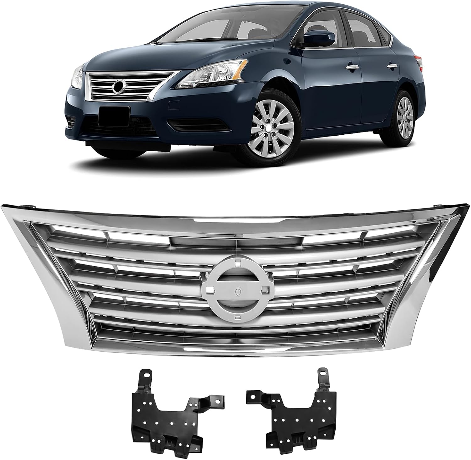 Front Bumper Cover Upper Grille Replacement Shroud Chrome Front Mesh Air Intake for 2013-2015 Nissan Sentra S SV SL FE S