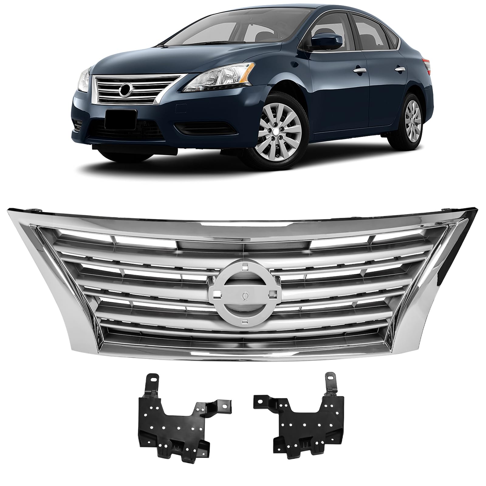 Front Bumper Cover Upper Grille Replacement Shroud Chrome Front Mesh Air Intake for 2013-2015 Nissan Sentra S SV SL FE+S