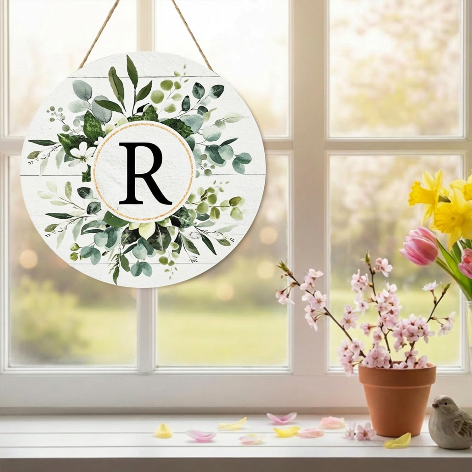 Uśmiech monogram litera R wieńce drewniany znak powitalny, nazwisko rodziny inicjał dekoracja ścienna drzwi wejściowych, kwiatowy wiosna lato ganek rustykalny dom kuchnia dekoracja