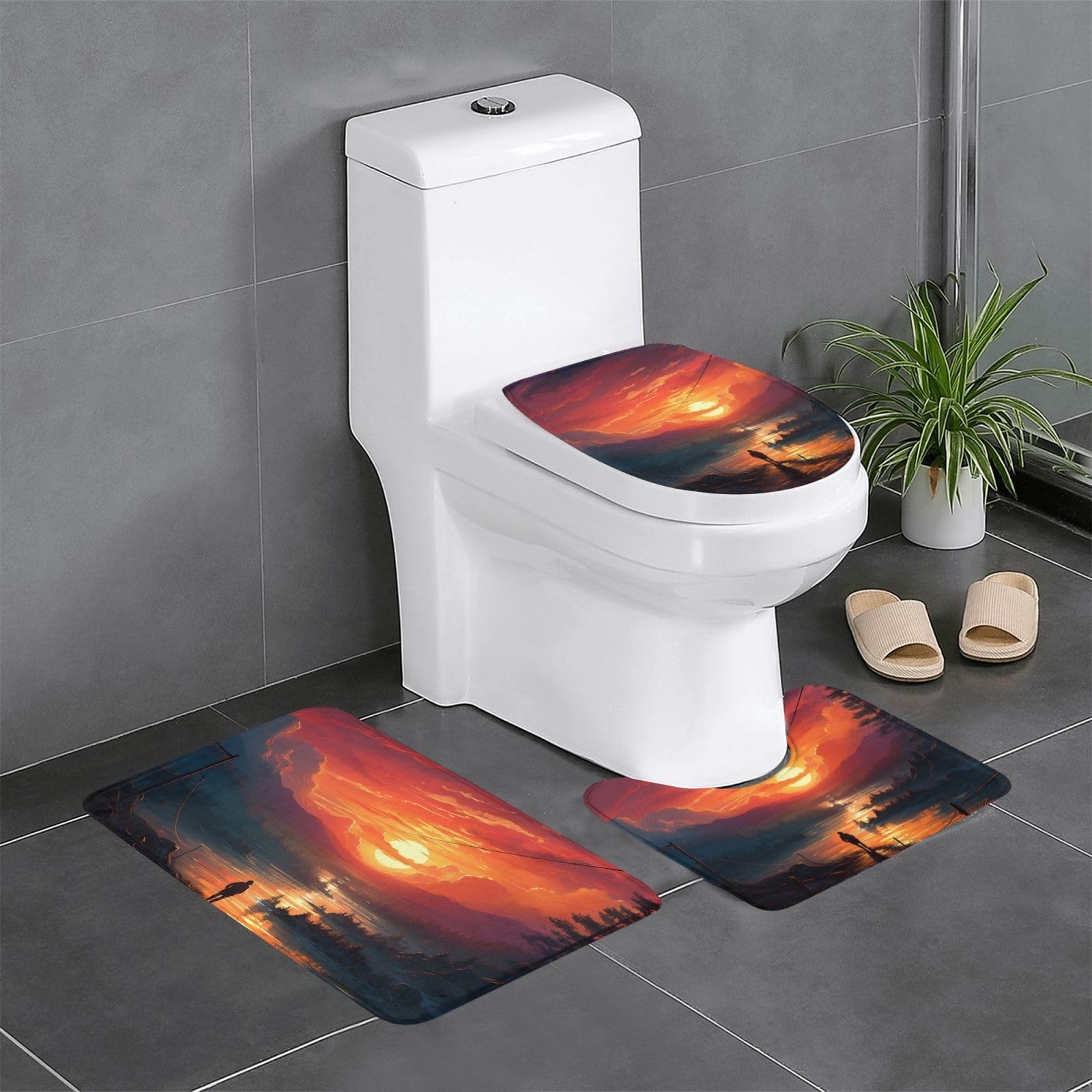 Tapis WC coucher de soleil durable avec housse abattant douche et maison 3pcs