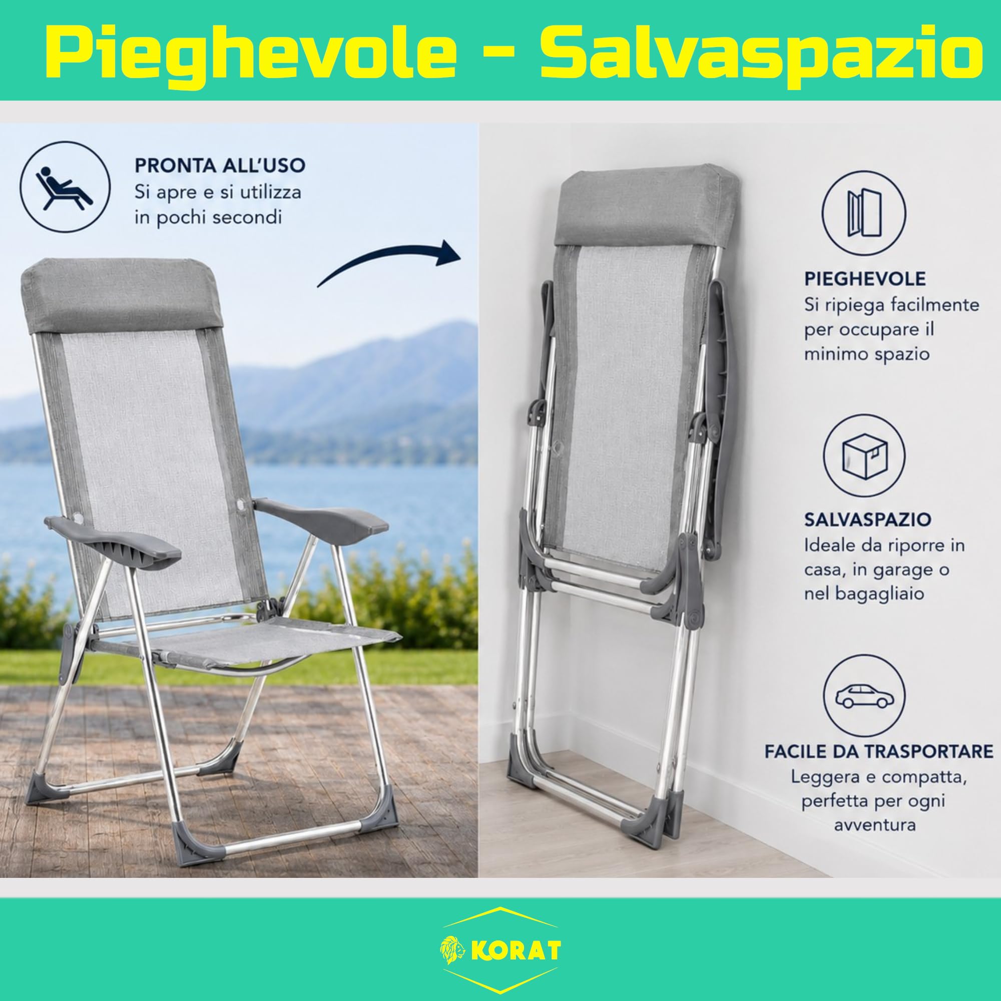 KORAT - Sedia Mare Pieghevole in Textilene con Poggiatesta, Struttura in Alluminio e Braccioli Ergonomici, per Spiaggia Campeggio Giardino, 58x38x110 cm - Spiaggina - Grigio