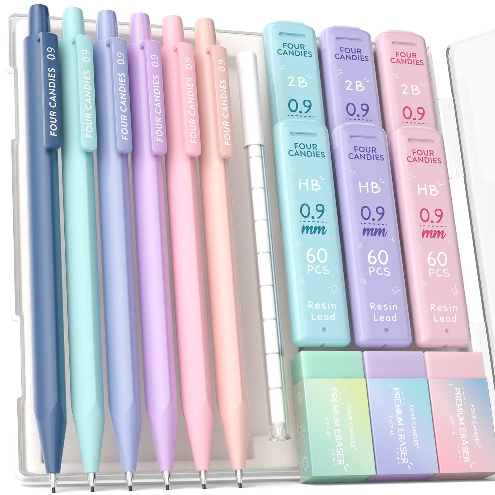 Four Candies Mechanical Pencils 0.9mm, with HB & 2B Lead Refills 0.9 mm, Pastel Eraser Set & Eraser Refills