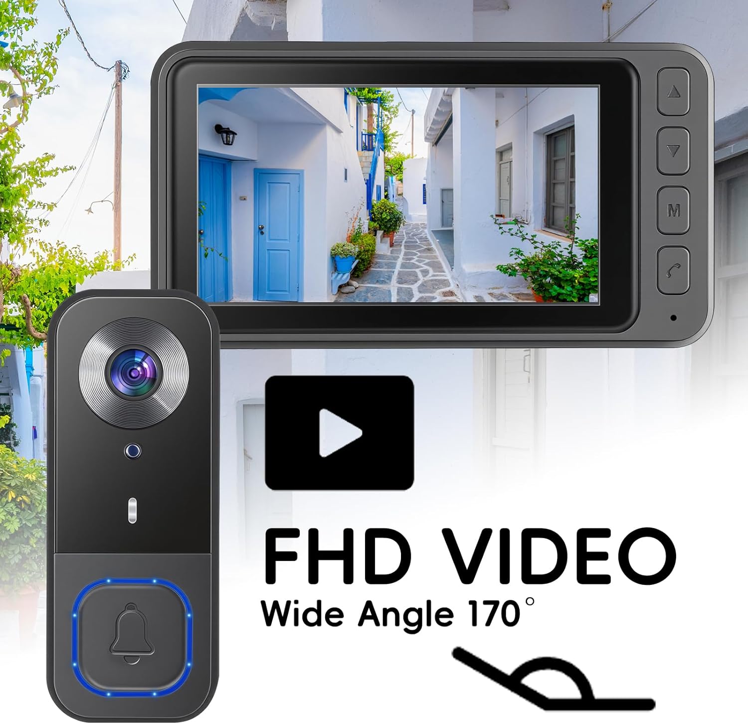 4.3" Video Doorbell Camera with Monitor 2-Way Audio, Night Vision, IP68 Waterproof, Smart Video Door Phone Walkie-Talkie with Screen 1080P HD 170°Wide Angle,No Subscription，Plug and Play