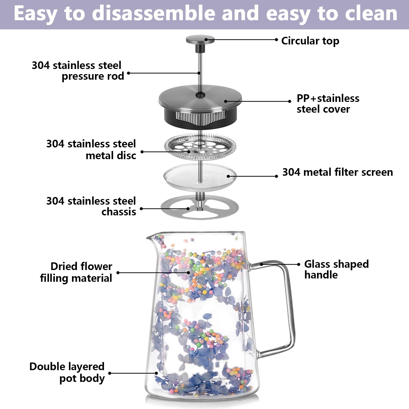 1L Français Presse Café En Verre Avec Décoration De Fleurs Séchées, French Press Cafetière À Piston En Verre Borosilicate Und Acier Inoxydable Pour Café Thé, Français Presse Café En Verre (C)