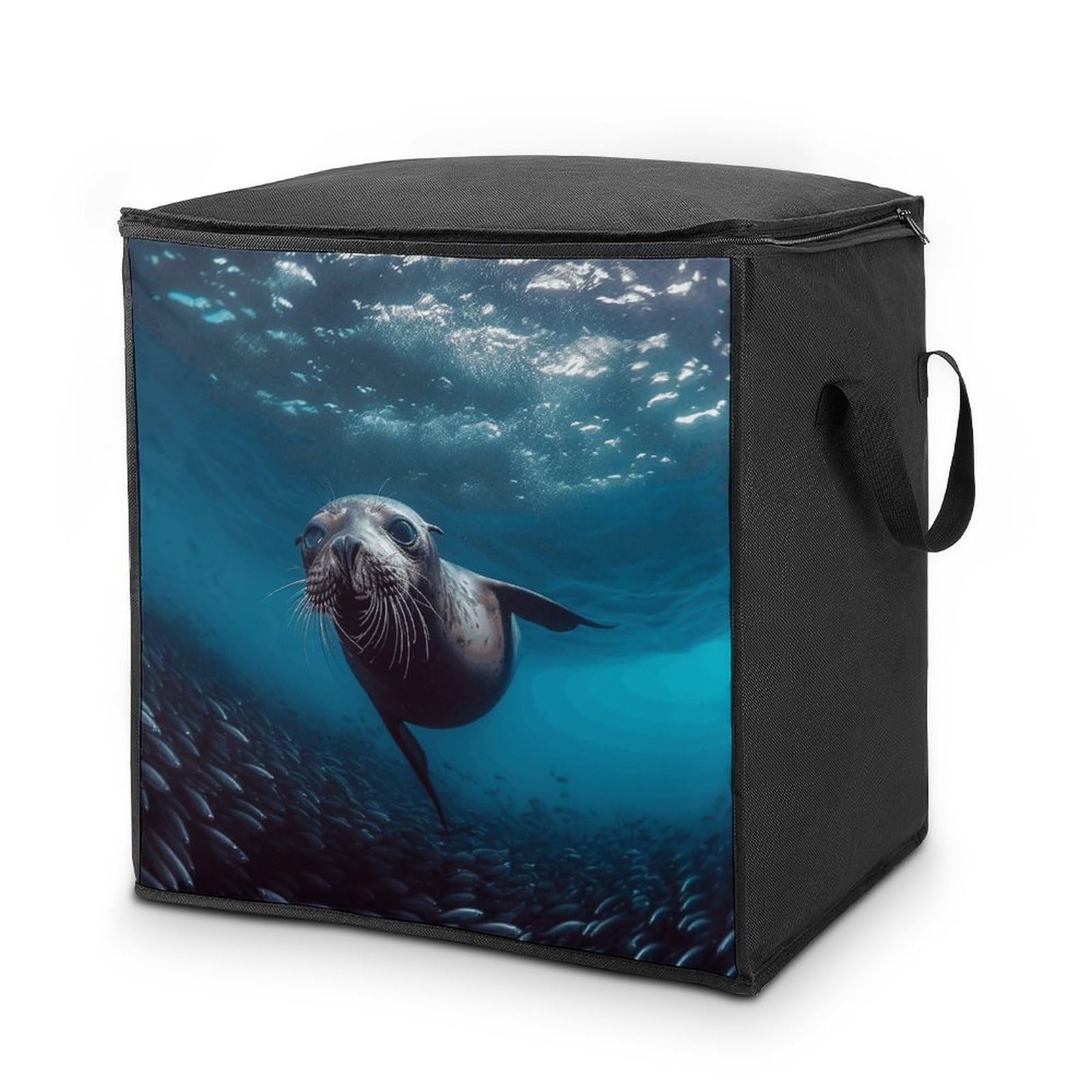 Underwater Sea Lion Storage Bag with Zippers And Handle Extra Large Bedding Comforter Storage Bag Foldable Blanket Storage Bags Fabric Moving Bags for Closet Organizer (70L)
