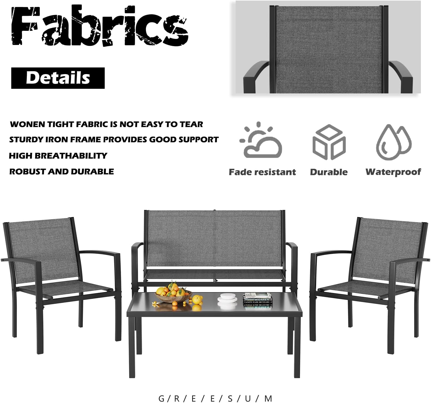 Greesum 4 Pieces Patio Furniture Set, Outdoor Conversation Sets for Patio, Lawn, Garden, Poolside with A Glass Coffee Table, Gray : Patio, Lawn & Garden