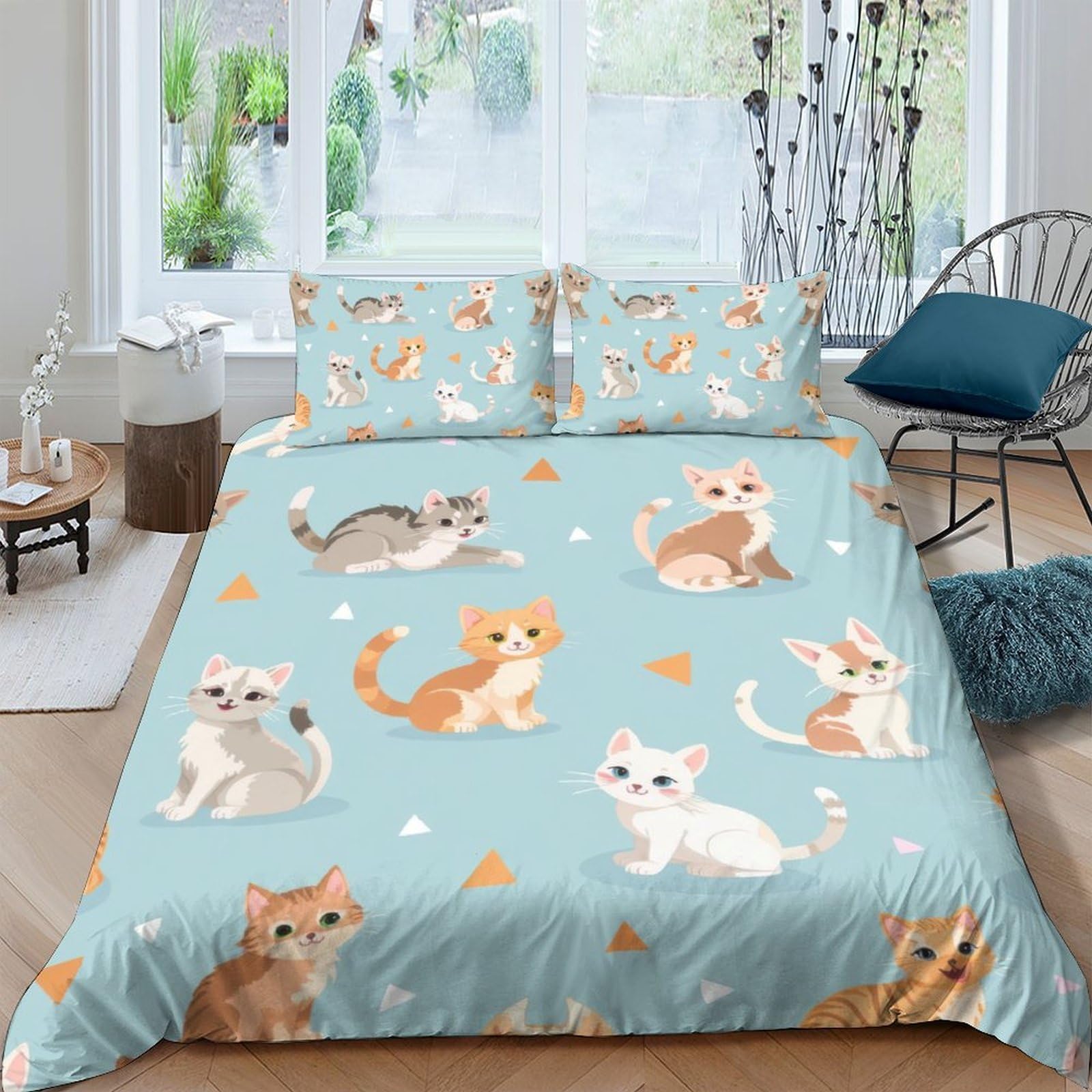 Ctjqhvkz Style-7 3D Printed Cute Cat Pattern Fitted Sheet Microfiber Soft Blue Cartoon Kittens Bed Cover For Bedroom Guest Room Decor Single（135X200cm）