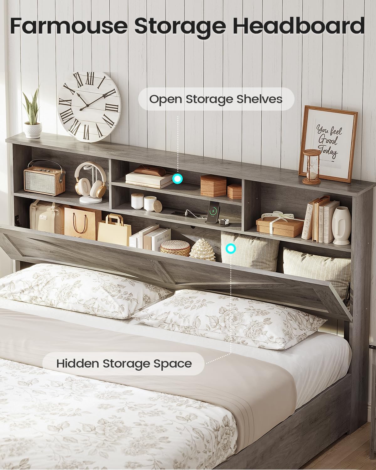 AOGLLATI Farmhouse King Bed Frame Bed Frame with 4 Storage Drawers and Led Lights, Wooden King Bed with Hidden Space Bookcase Headboard and Led Lights & Metal Slats, Grey