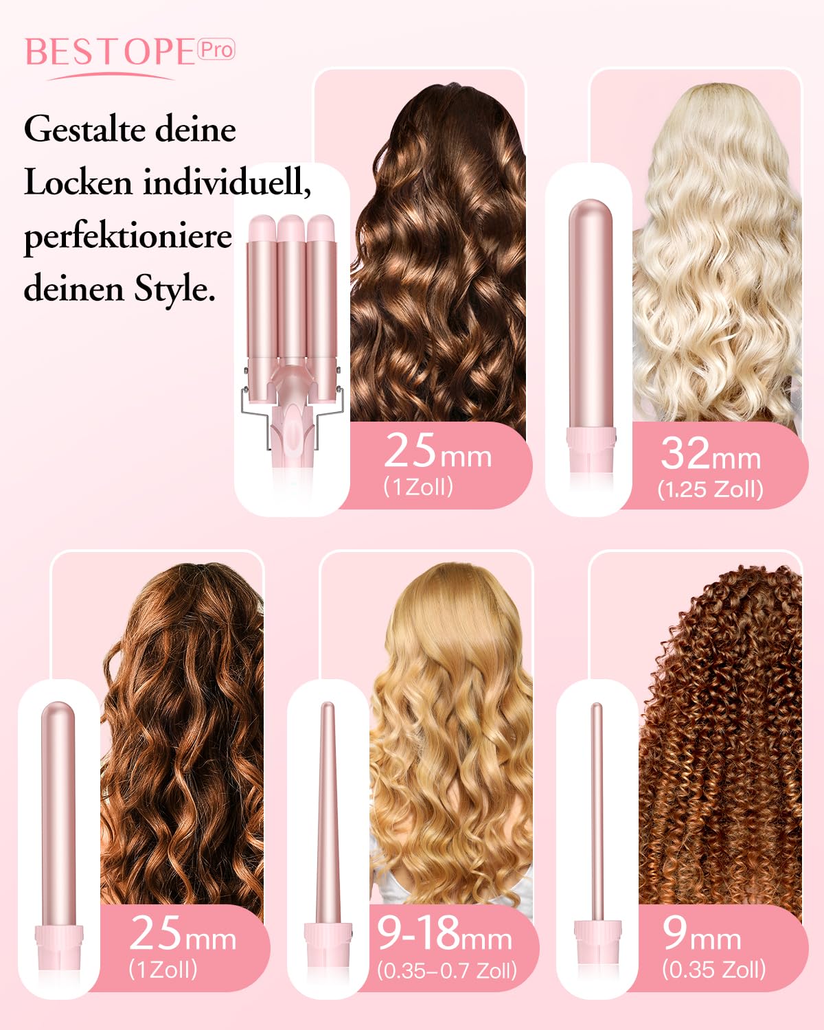 BESTOPE PRO Rizador de pelo con 3 barriles de hierro ondulado 5 en 1, juego de 3 barriles para ondas grandes, ajuste de temperatura, calentamiento rápido y un guante, 2 clips, color rosa