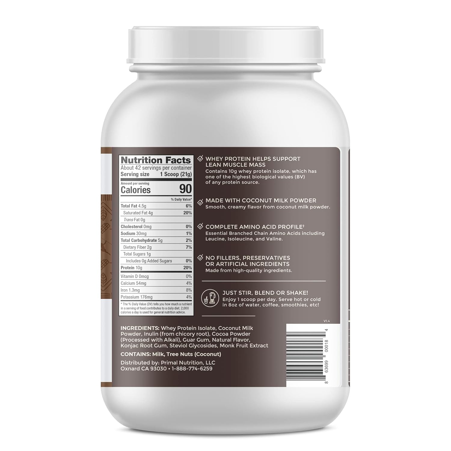 Primal Kitchen Primal Fuel Chocolate Coconut Whey Protein Powder, Gluten and Soy Free, 1.94 Pounds