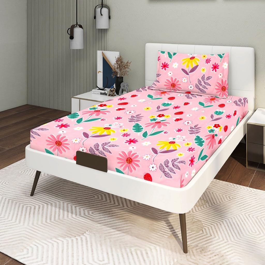 RD TREND Supersoft 210TC Cotton Single Bedsheet Set - Pack Of 2 Flat Sheets & 2 Pillow Covers, Peach Floral