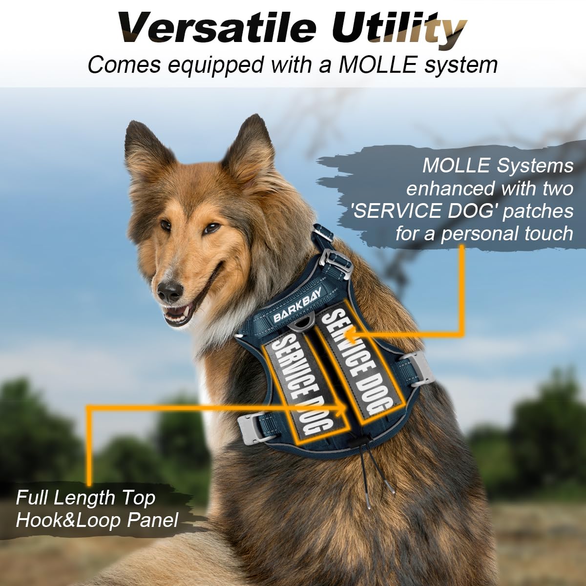 BARKBAY Chaleco táctico para perro de servicio, arnés táctico para perro, tamaño mediano y grande + etiquetas para perro, arnés ajustable sin tirones, reflectante, entrenamiento, fácil control,