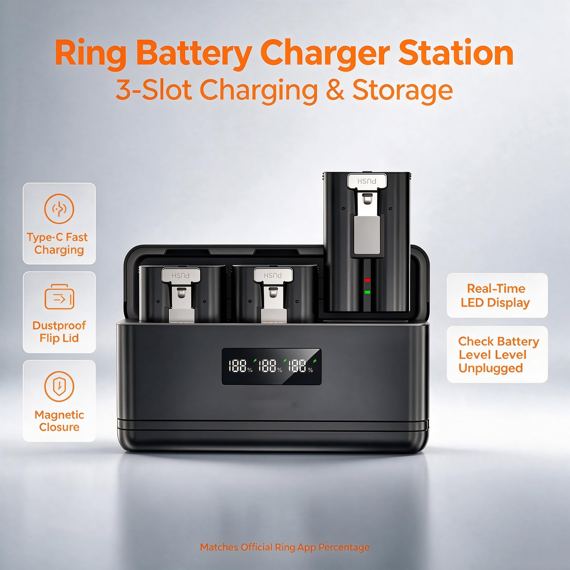 Kit caricabatterie a 3 scomparti, confezione da 2 batterie di ricambio ad alta capacità da 6040 mAh 3,65 V per campanello ad anello, stazione di ricarica con display a LED, per campanello ad anello 2