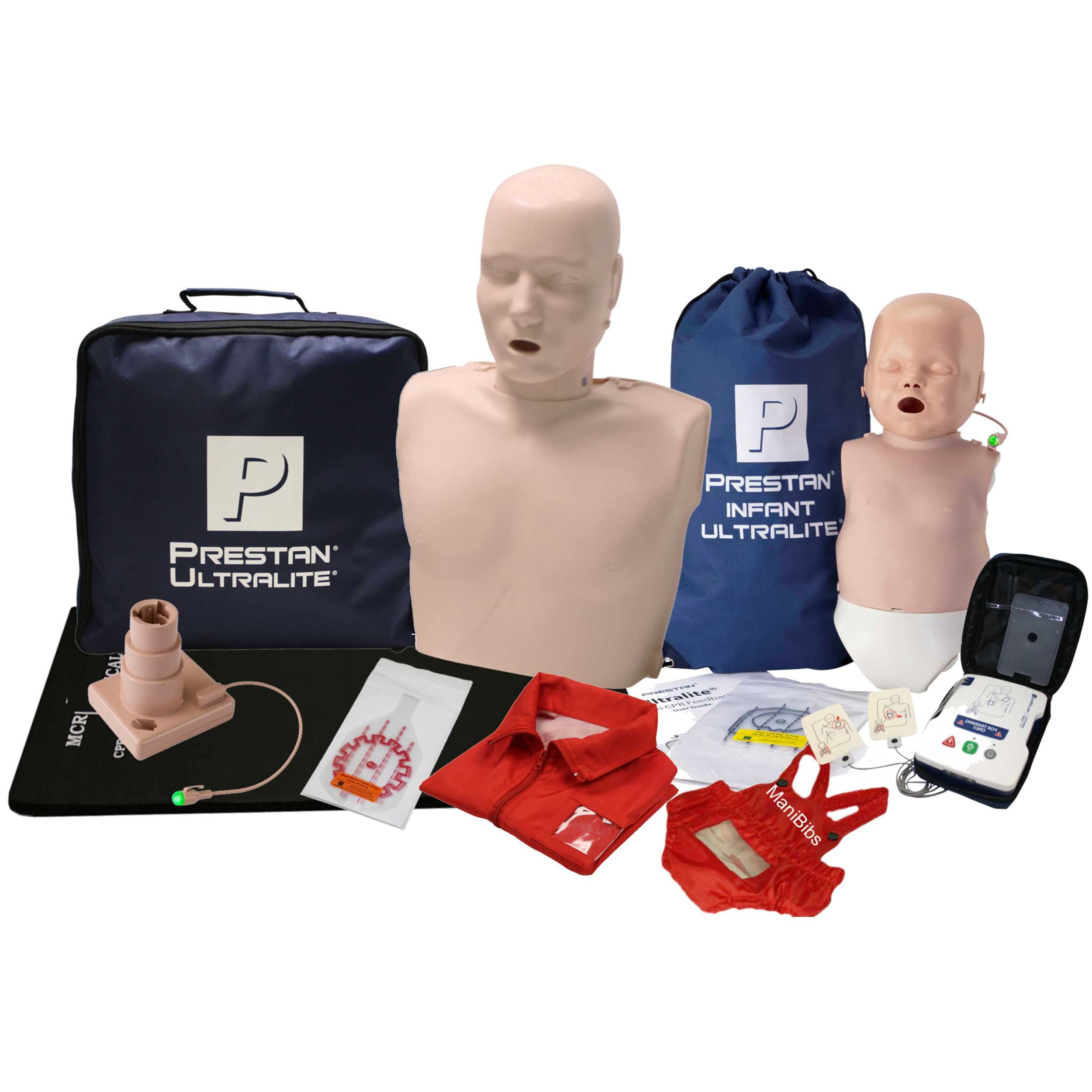 PRESTAN Ultralite CPR Manikin Bundle (1 Adult, 1 Infant), Medium Tone with AED UltraTrainer (Single) & MCR Accessories