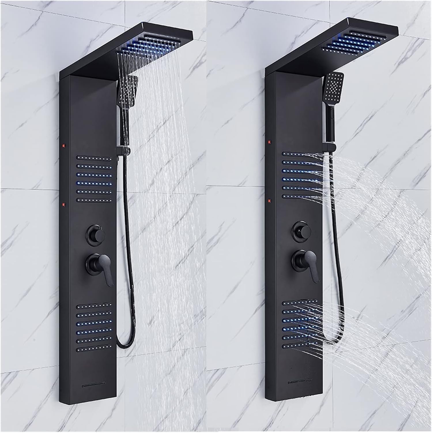 Thermostatic Shower Mixer Set Matte Black LED Shower Panel Waterfall Rain Shower Faucet Set SPA Massage Bath Shower Column Double Handle Mixer Tap Tower，6004 Gold-1