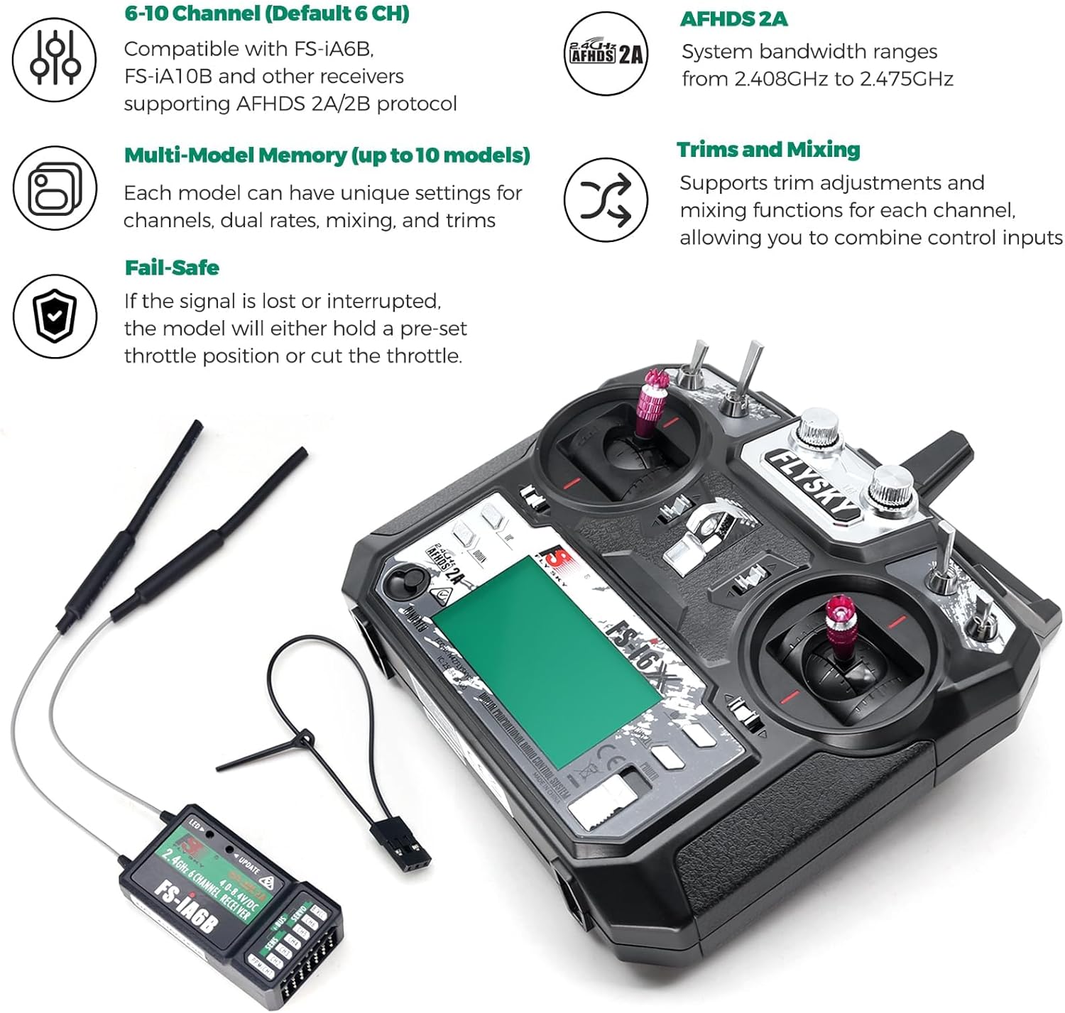 Flysky FS-i6X 6CH 2.4GHz RC Radio Transmitter Controller with iA6B Receiver for FPV Drone RC Helicopter Quadcopter Car Boat