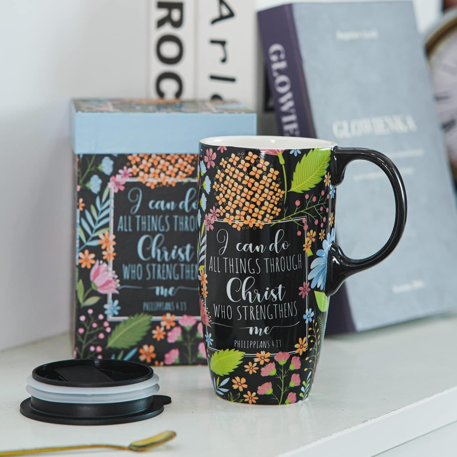 Topadorn Ceramic Travel Mug with Lid and Handle for Coffee Lovers, Ceramic Coffee Mug Latte Teacup Milk Mug in Color Box 17 Oz, Black Art Tea Mug - Image 2