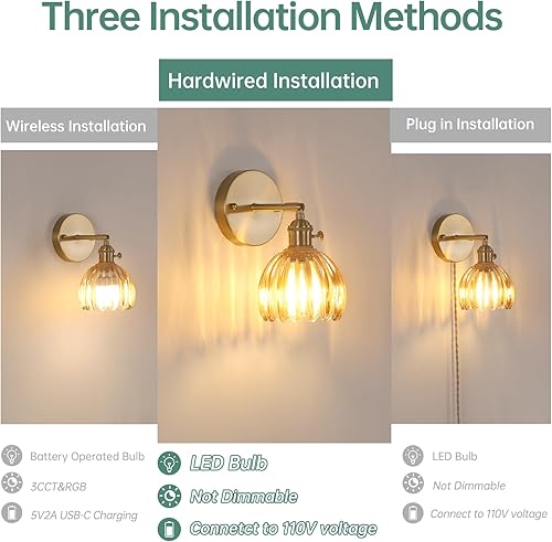 Miniatura 2 de Juego de 2 apliques de pared vintage con pantalla de cristal de tulipán ámbar de 180 grados, ajustable, de latón, con cable, moderna, con