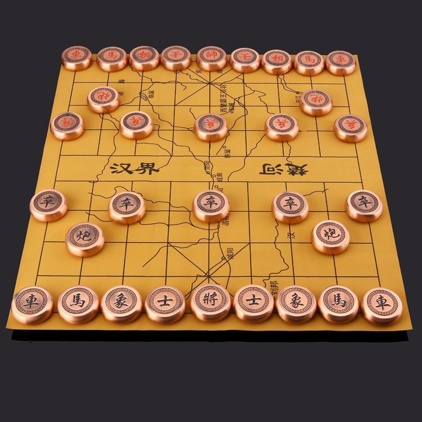 Set di scacchi cinesi in metallo Xiangqi con scacchiera in pelle e scatola di legno