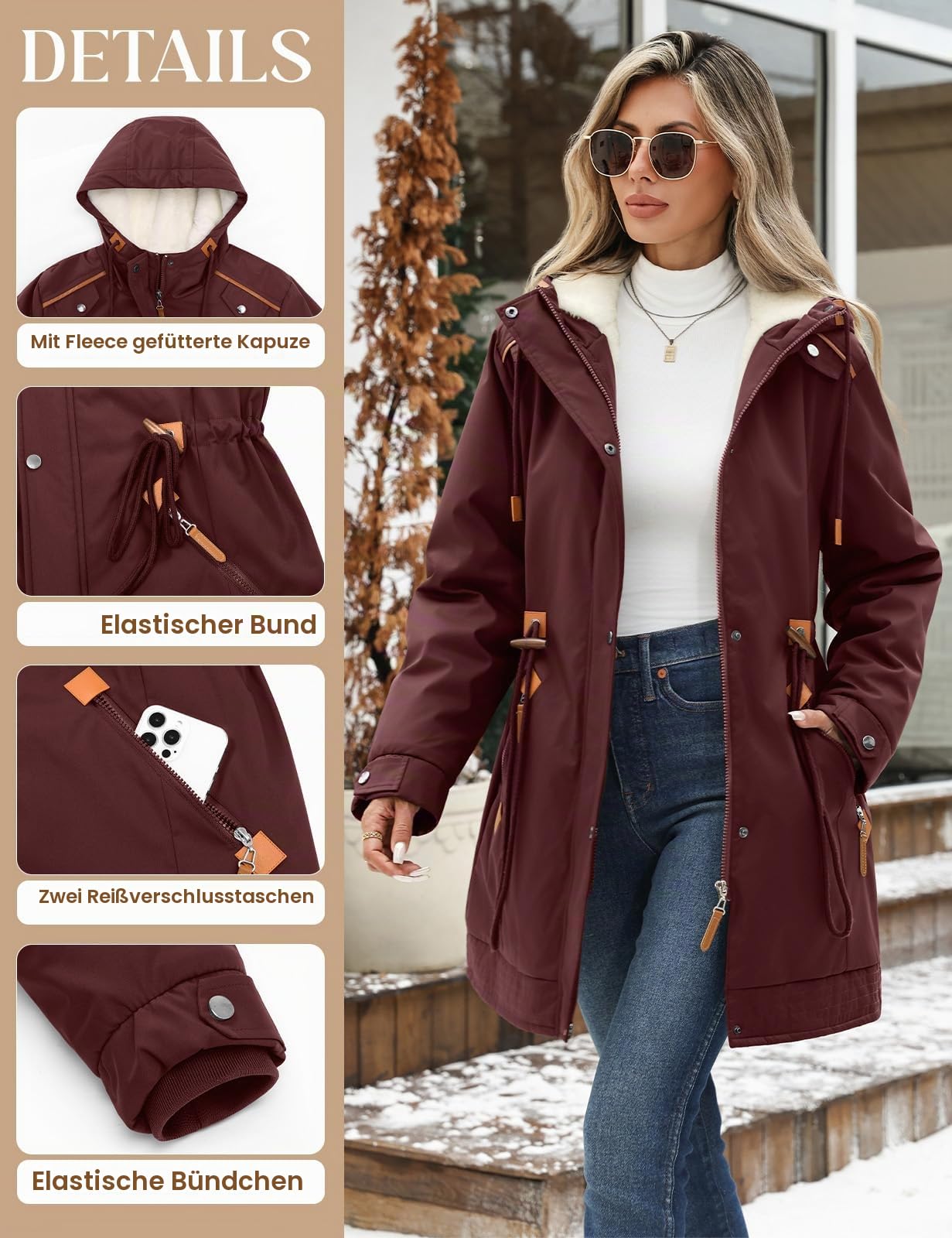 CMTOP Winterjacke Damen Warm Fleece Gefüttert Mittellang Wintermantel Parka