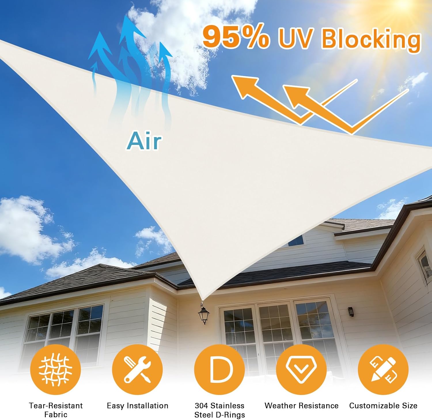 Artpuch Rectangular Sun Shade Sail, 185GSM HDPE UV Block 14'X14'X19.8' Cream Awning Shade Cloth for Patio, Pool, Backyard (Custom