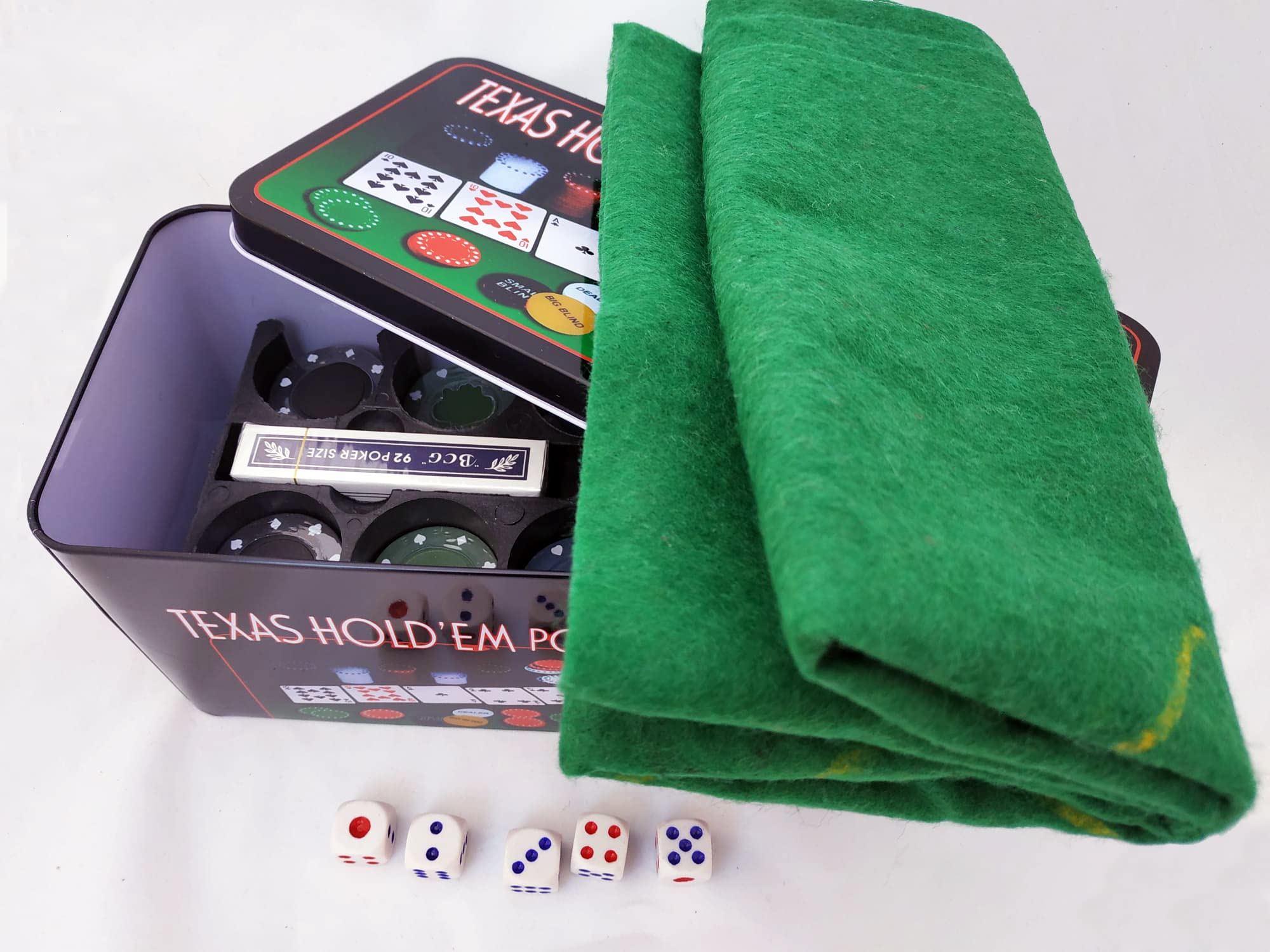 Rock and Baby Juego de Póker/Blackjack en Caja de Metal - 2 Barajas, 200 Fichas, Dados, Ficha Dealer, Ciega Pequeña, Ciega Grande, Tapete de Juego