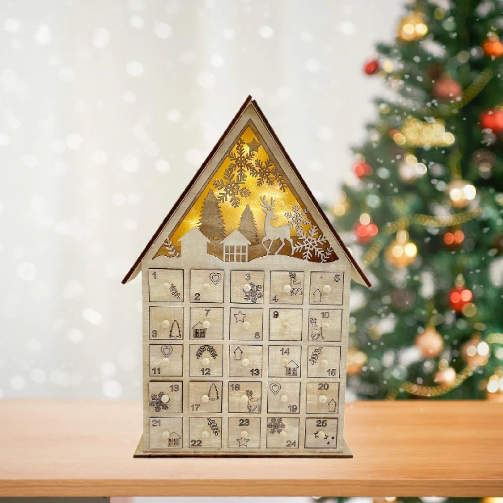 Calendario Dell'Avvento di Natale, Calendario Dell'Avvento Illuminato 2024 Fai da Te con Cassetti in Legno