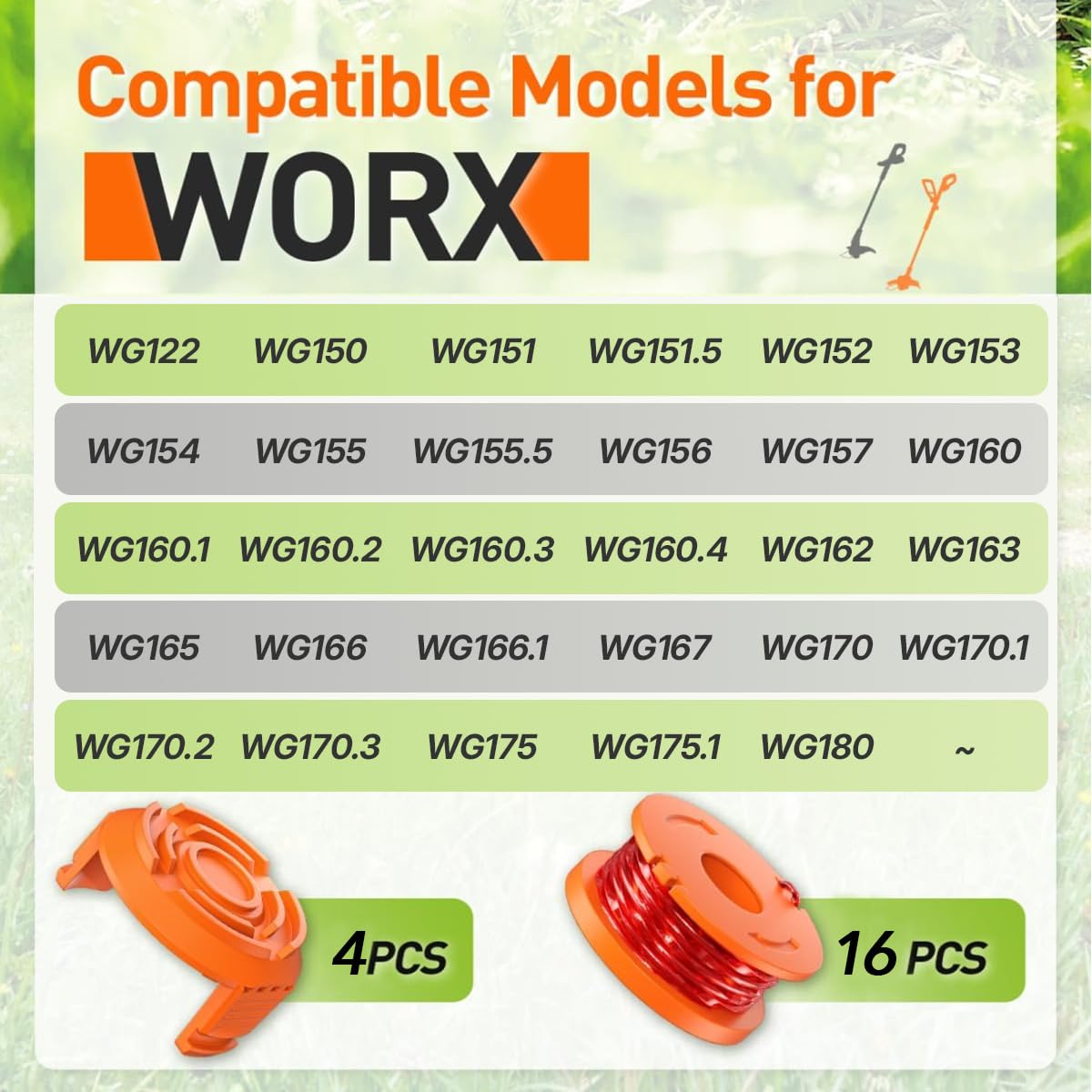 Confezione da 20 corde mangia-erbacce compatibili con Worx, 0,2 cm 3 m/confezione, bobina di ricambio per decespugliatore, compatibile con decespugliatori Worx (16 bobine + 4 tappi)
