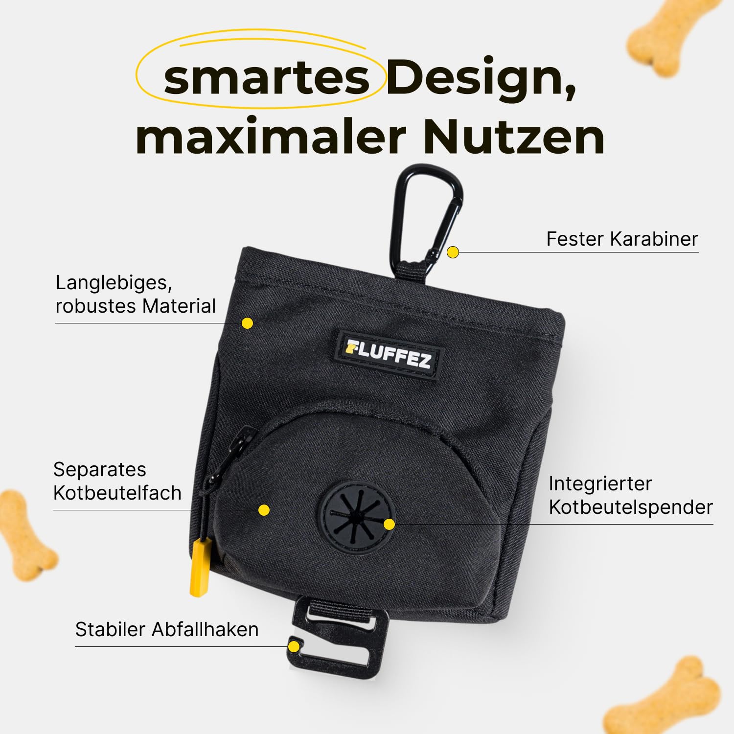 kleine Leckerlibeutel mit Kotbeutelspender – Magnetverschluss, Karabiner & Klett – kompakte Leckerlitasche für Hunde – Ideal für Hundetraining & Spaziergänge