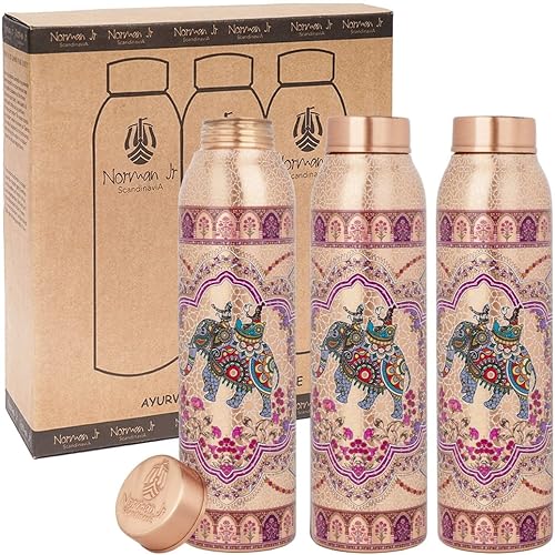 Miniatura 32 de NORMAN JR, Botella de agua de cobre de 1 litro, caja de regalo de 3, llano 2, martillado 1, un recipiente ayurvédico hecho de cobre puro, te ayuda a