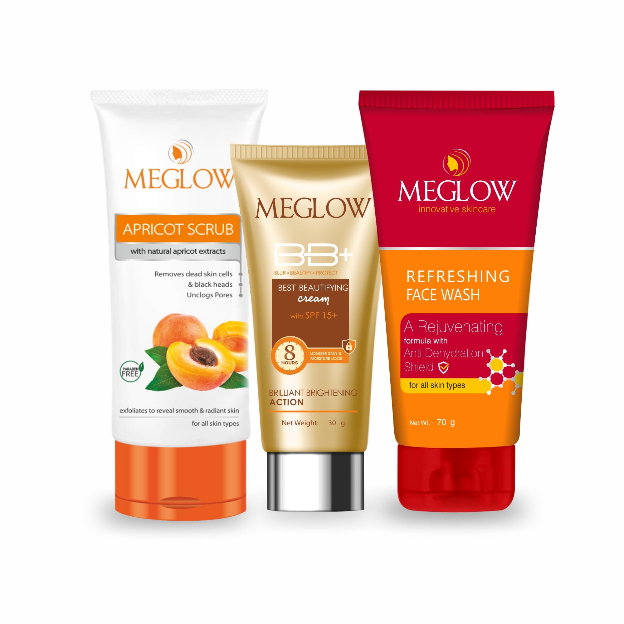 Sponsored Ad - Meglow Beauty Combo Pack of 3- BB+ Cream with SPF Formula (30g)|Refreshing Face Wash (70g)|Apricot Scrub with Apricot Extracts (70g) For Soft and Glowing Skin