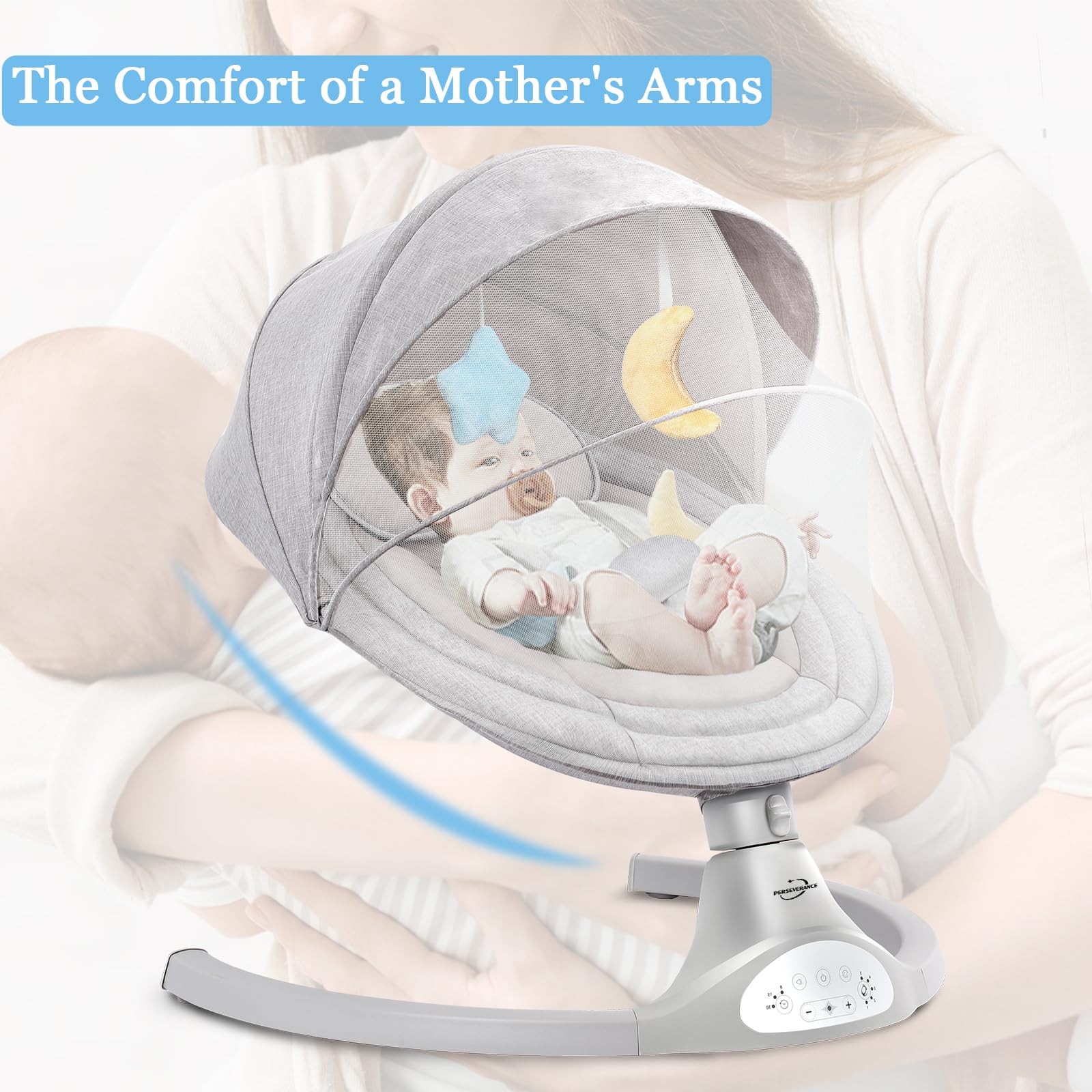 PERSEVERANCE Mecedora Bebe electrica, Hamaca bebé, Silla Mecedora Bebe, Balanceo Automatico para bebés 0-10kg, Tejido Transpirable Suave Baby Swing, 5 Velocidades (Gris Claro)