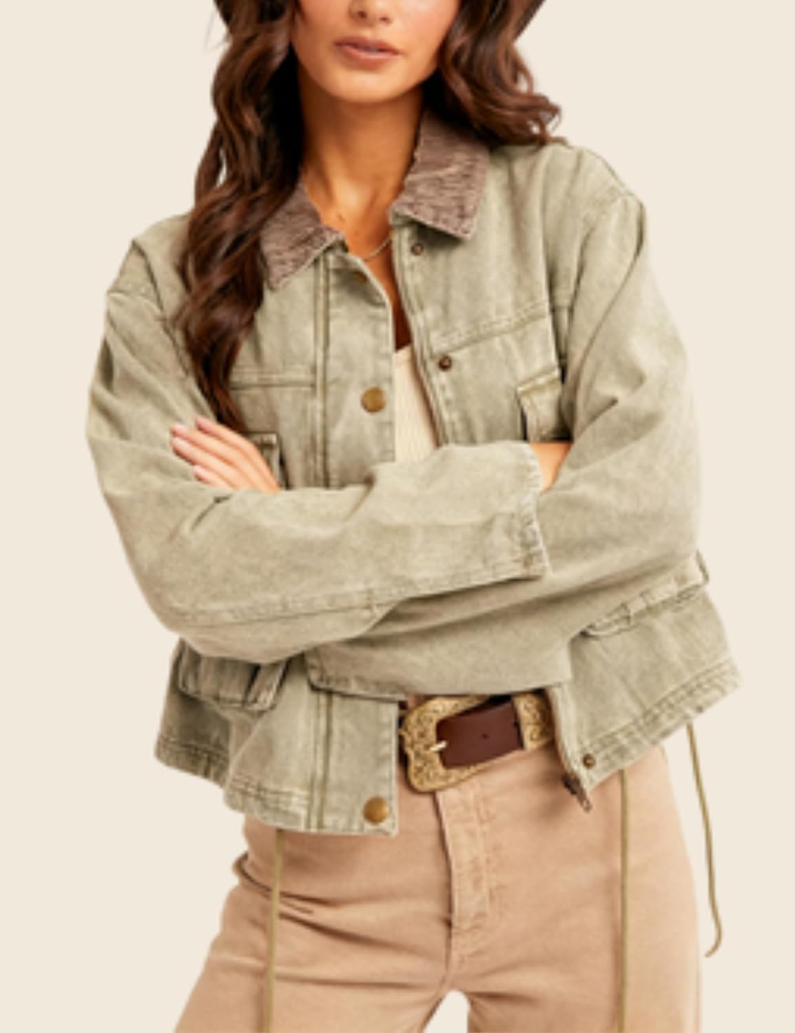 Esmeling Women Contrast Button Down Jacket Lapel Collar Long Sleeve Outwear Cropped Coat with Pocket - Image 5