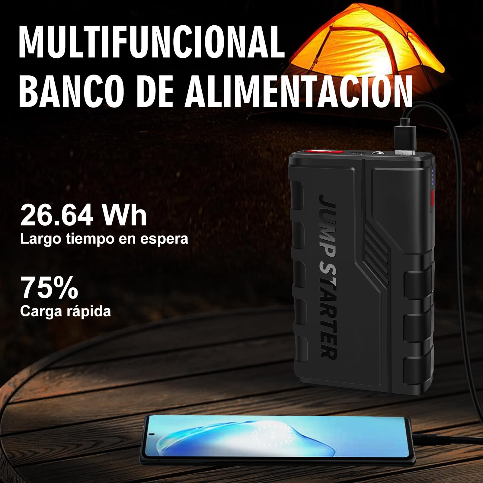 Arrancador de Baterias de Coche,1500 A Arrancador de Coches Portatil para Motor 7.0 L Gasolina o 5.5 L Diesel con Pinzas Bateria Coche, 12 V Booster con Carga rápida USB y Linterna LED de Emergencia