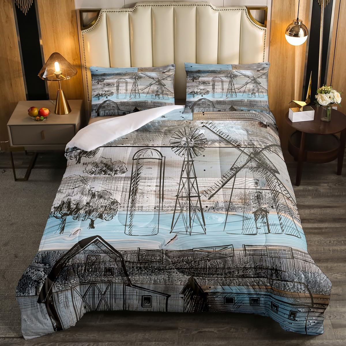 Erosebridal Garden Windmill Quilt Windmill Decor Farmhouse Comforter Set Queen,Lodge Cabin Wooden Plank Bedding Set Cottage Barn Door Wood Board Vintage Farm House Pinwheel Winnower Rustic Home Decor