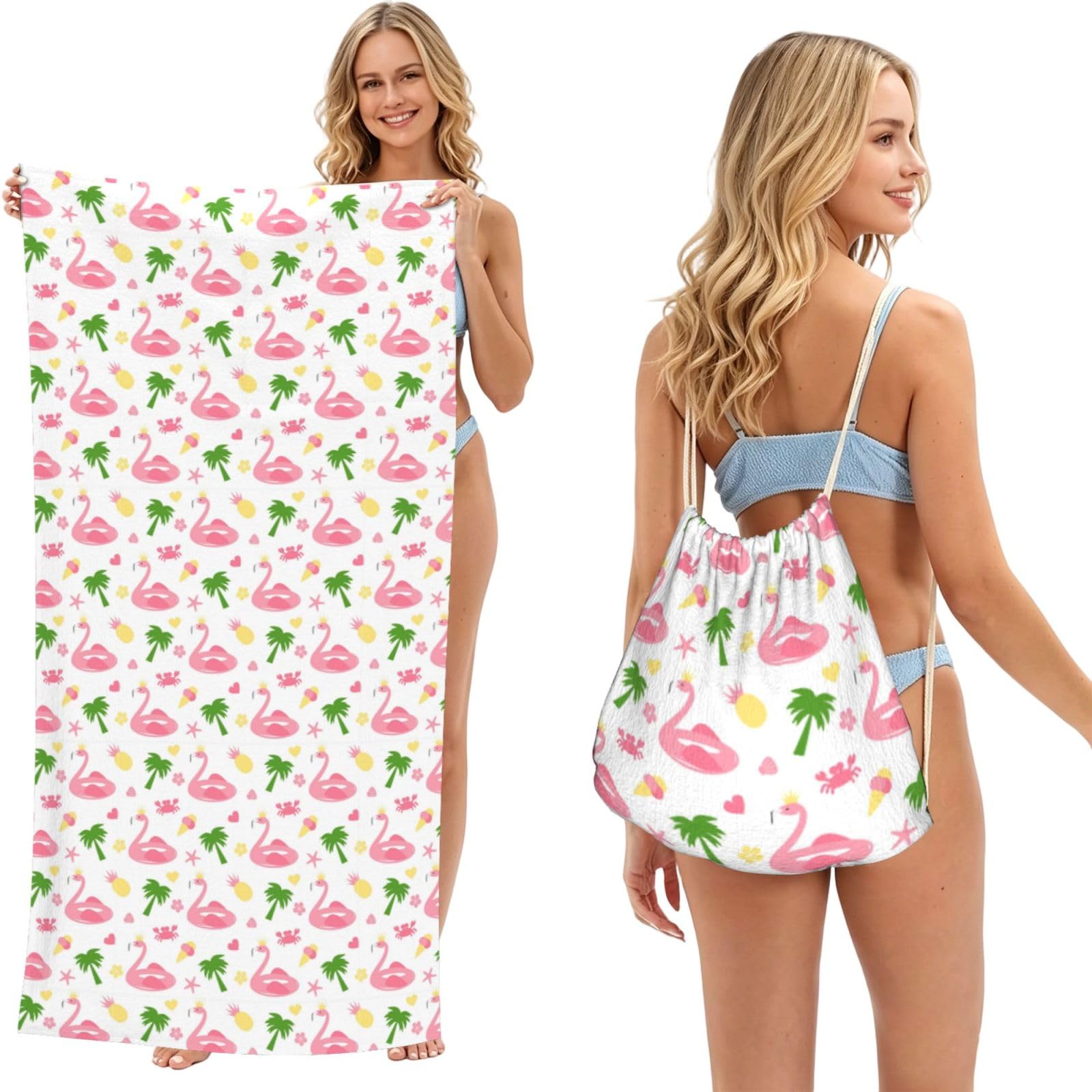 Noble Ren Flamingo Pattern 2 In 1 Packable Towel Bag Beach Backpack Unisex Suitable For Travel Picnic Vacation And Camping