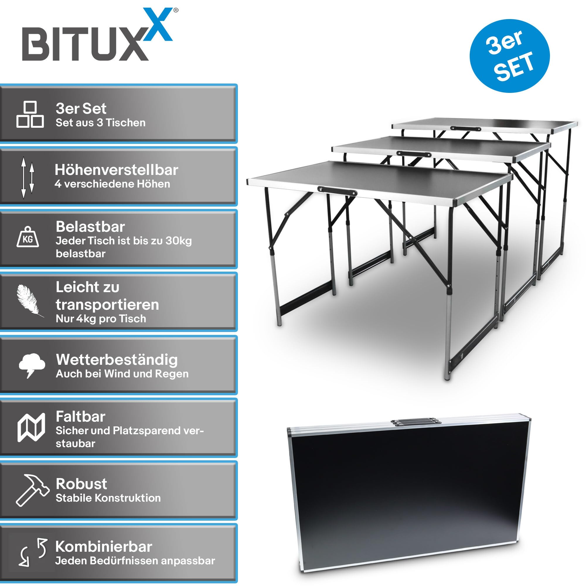 BITUXX Mehrzwecktisch 3er Set Tapeziertisch klappbar Höhenverstellbar 3-teilig Flohmarkttisch Verkaufstisch Markttisch Malertisch Campingtisch Alu 100 x 60 cm bis 30Kg