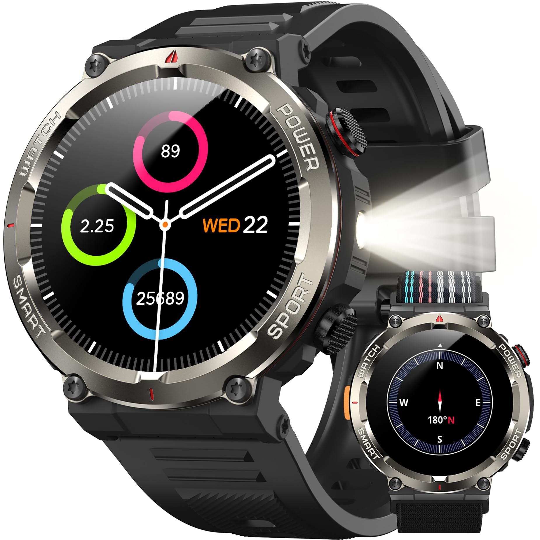 IOWODO Reloj Inteligente Hombre con Llamadas, 1.45" Militar Smartwatch con 960mAh Batería, Linterna LED, Brújula, 123 Modos Deporte, Monitor Cardíaco 24h/SpO2/Sueño, IP68, 2 Correas ClimeCo Certified